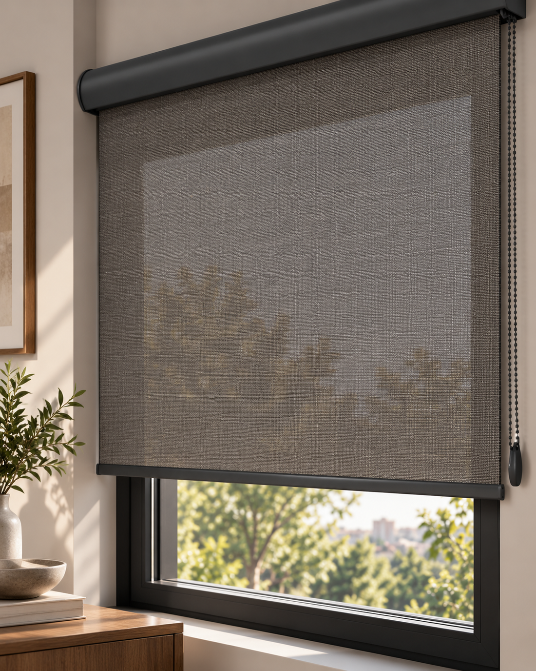 Screen-Rollo Ruby Anthrazitgrau mit Kassette am Fenster – Durchsicht nach draußen